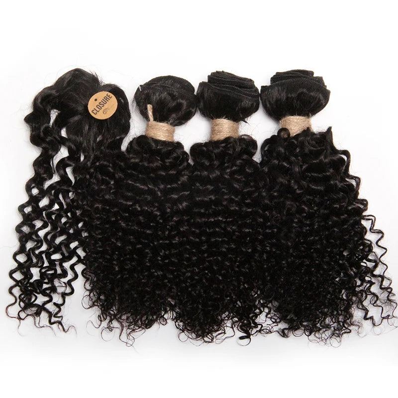 Lockiges Echthaar-Bundles mit Closure, kurzes indisches Echthaar-Bundles mit kreisförmigem Closure