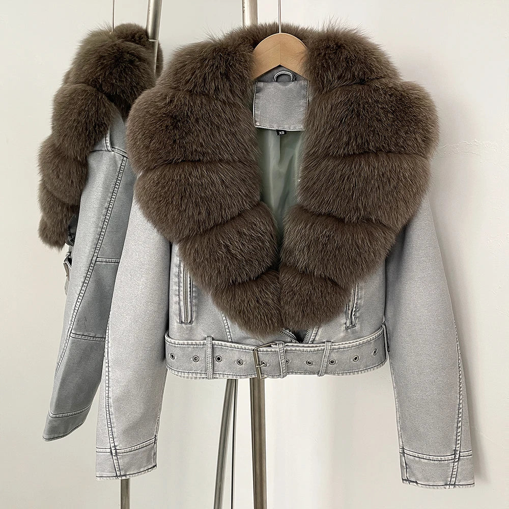 OFTBUY Natural Fox Fur Faux Leather Jacket Female New Autumn Short Top Clothing Women Long Sleeve Fake Leather Real Fur Coat