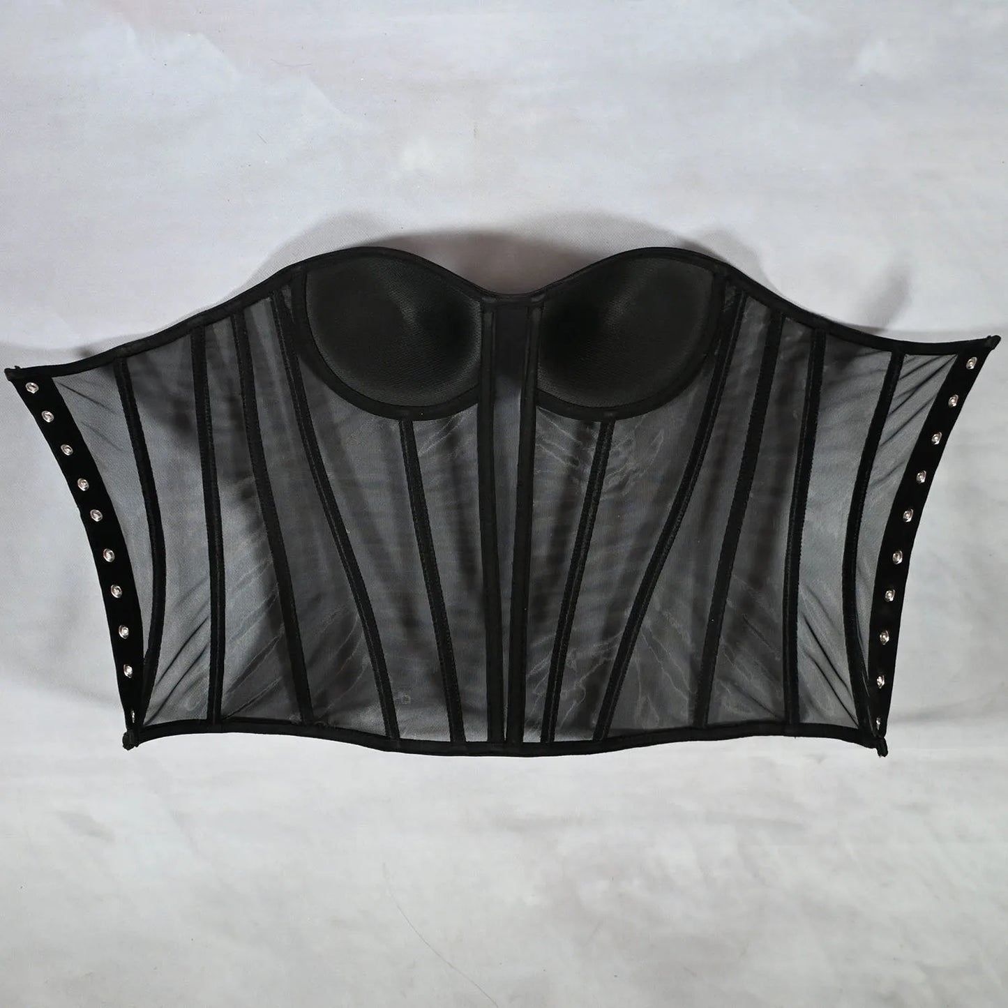 Women Mesh Corset Bustier With Cups Overbust Tight Shaping Tops Strapless Transparent Bodice Slimm Waist Wedding Lace Up Boned