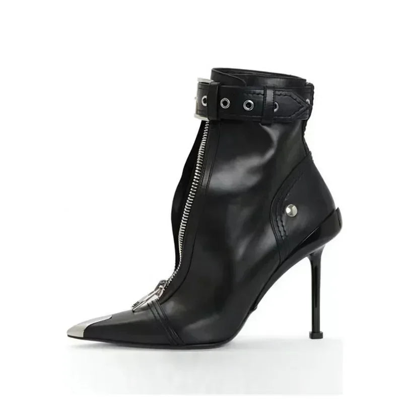 Gürtelschnalle Reißverschluss vorne Modenschau Stiefeletten Damen Herbst Winter Neu Spitz Metallverzierung Rote High Heels Ankle Boots
