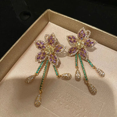 Zircon Purple Delicate Flower Water Drop Fringed Earrings