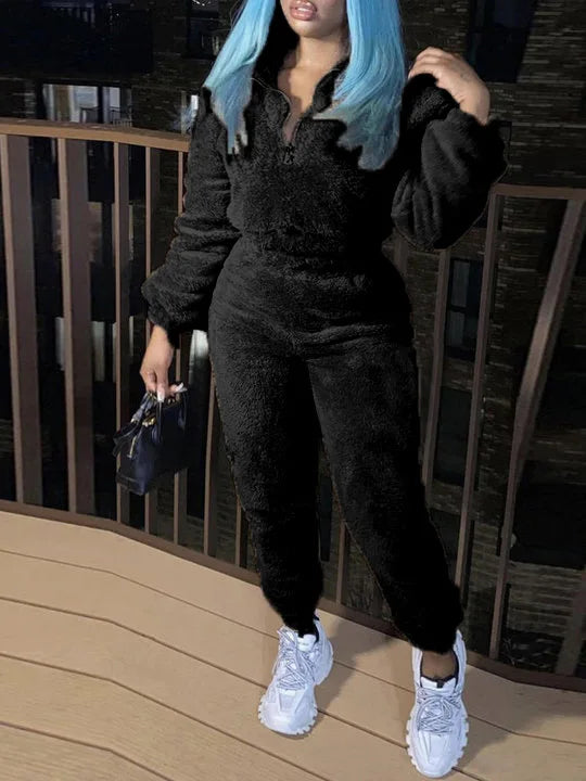 Winter New Plush Two Piece Set Casual Home Warm Suit For Women Fashion Zipper Lapel Pullover Top Elastic Waist Trousers Suit