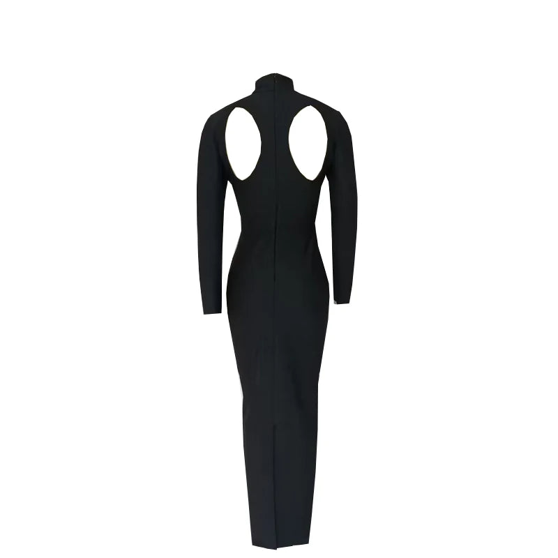Damen Herbst Stretch-Bandage Aushöhlung Langarm Slim Maxi Schwarz Rückenfrei Bodycon Mode Clubs Celebrity Party Kleider