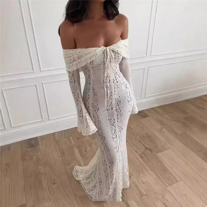 Mozision Blumen-Spitzen-Off-Shoulder Maxikleid für Damen, weiß, trägerlos, rückenfrei, langärmlig, Bodycon, Club, Party, sexy langes Kleid
