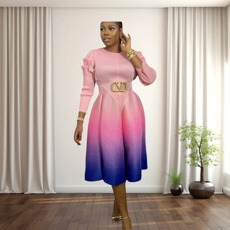 Miyaki Plus-Size Women's Dress with Pleated Design, Puff Sleeves, Long Sleeves, Gradient Color-Blocking, Mid-Length Dress, Popular in Europe and America, Suitable for Daily Wear, Travel, and Dates