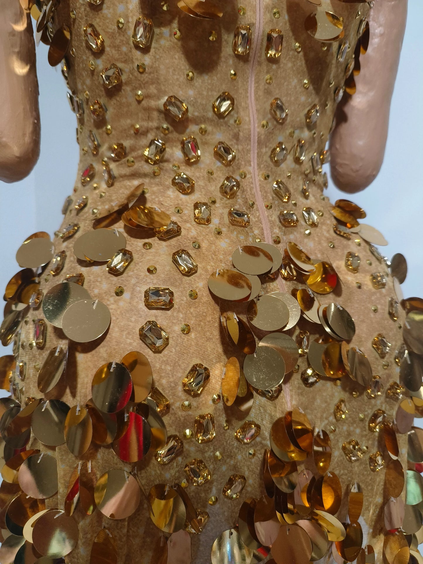 Sparkly Gold Rhinestone Sequins Sexy Strapless Mesh See Through Mini Dress Women Eveing Birthday Party Nightclub Stage Costume