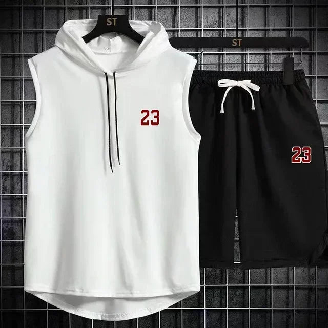 Summer New Men's Sleeveless Hooded T-shirt+shorts pants Sports two-piece set gym  Fashion  Casual Men Women Sports Two Piece Set