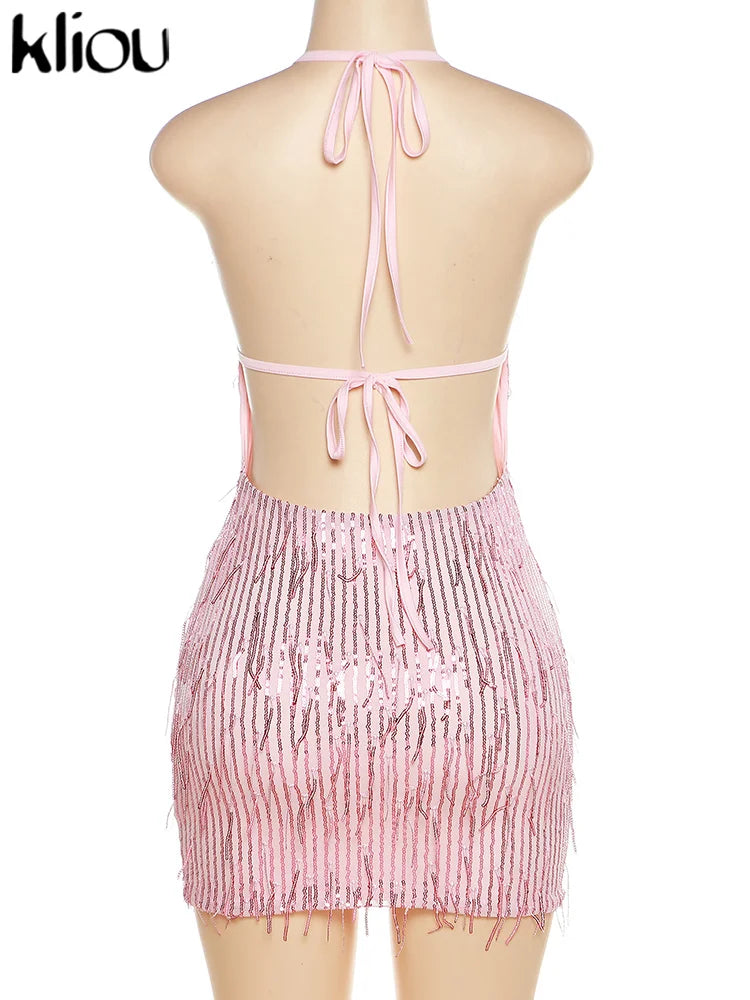 Kliou Tassel Patchwork Shiny Mini Dress Women Halter Bandage Stunning Backless Sleeveless Skinny Vestido Female Party Clubwear