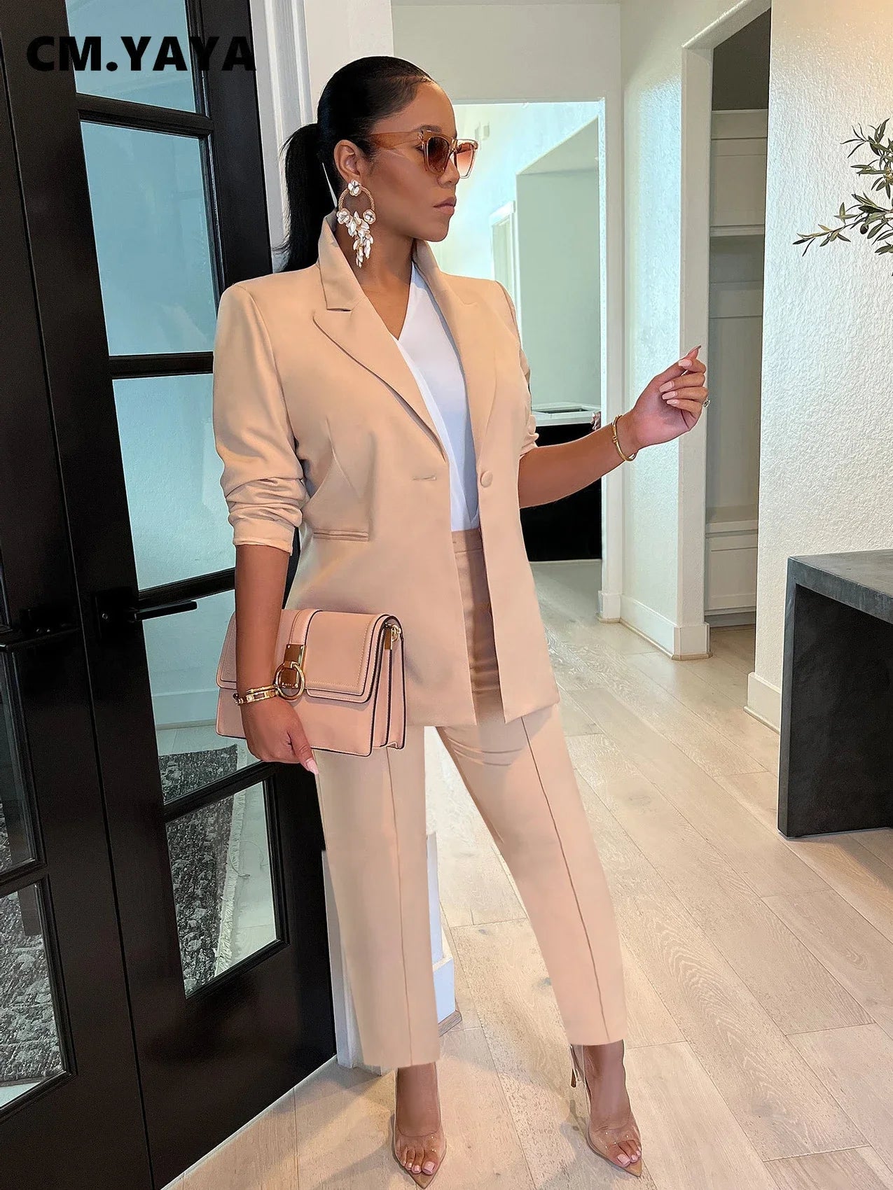 CM.YAYA Elegant Solid Blazer Suit and Pants Two 2 Piece Set  Women 2023 Autumn Winter Classic OL Street Outfit Tracksuit