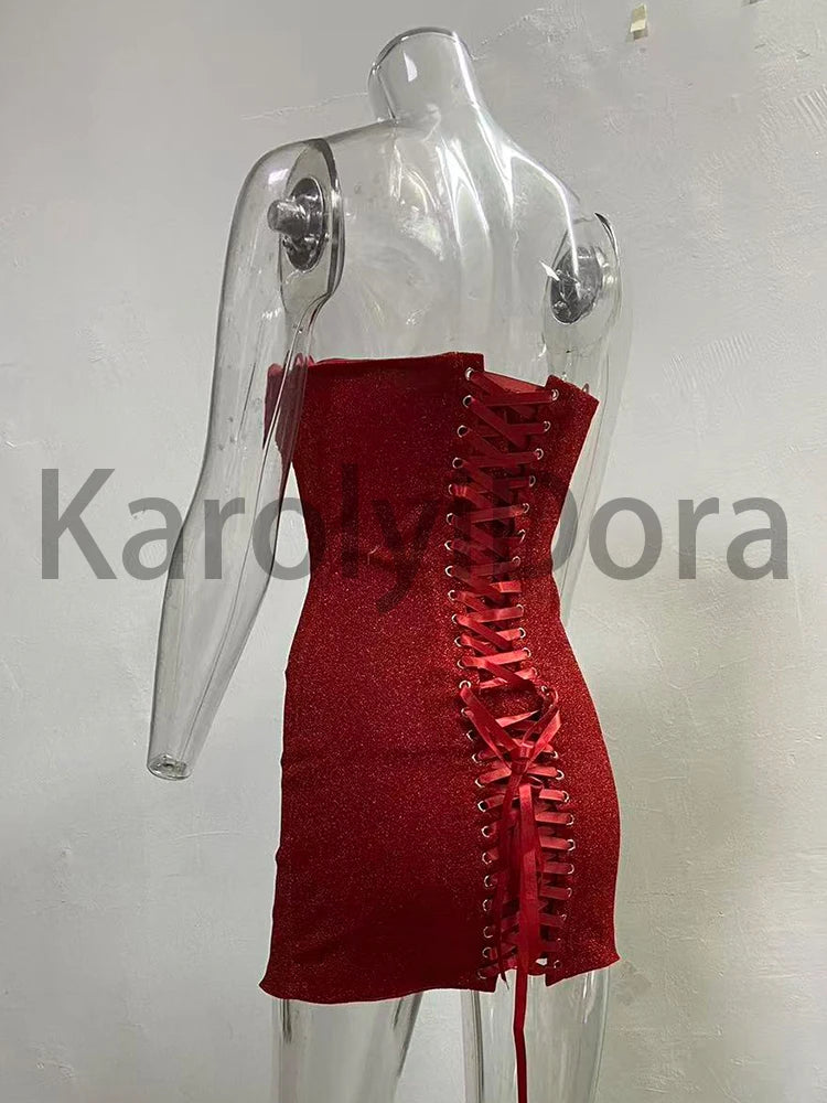 Sexy Strapless Bright Silk Lace-up Mini Dress Women Red Black Sleeveless Backelss Bodycon Dresses Evening Party Cocktail Gowns