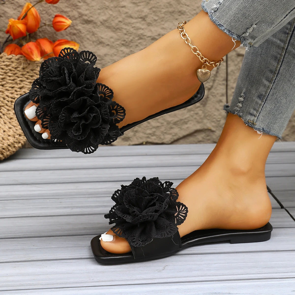 Fashion New Women'S Sandals Square Toe Flat Shoes Summer Simple Flip Flops Women'S Home Slippers Women'S Beach Shoes Casual Shoe