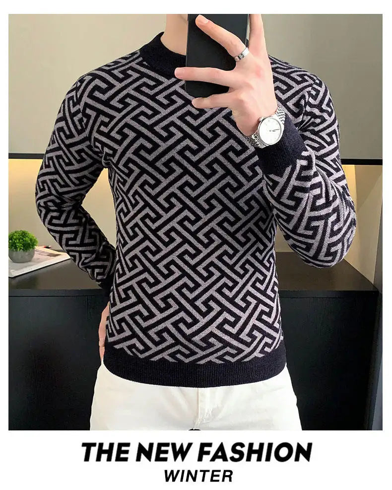 Herbst Winter Samt Strickpullover Herren Langarm Rundhalspullover Slim Fit Business Freizeit Strickwaren Tops Herrenbekleidung