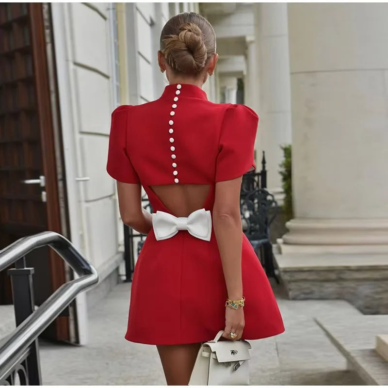 Elegantes Damen Luxus Aushöhlen Rote Schleife Freizeit Minikleid Schleife Abendparty Formelle Kurze Kleider Neu Schwarz Weiß Kleider Street