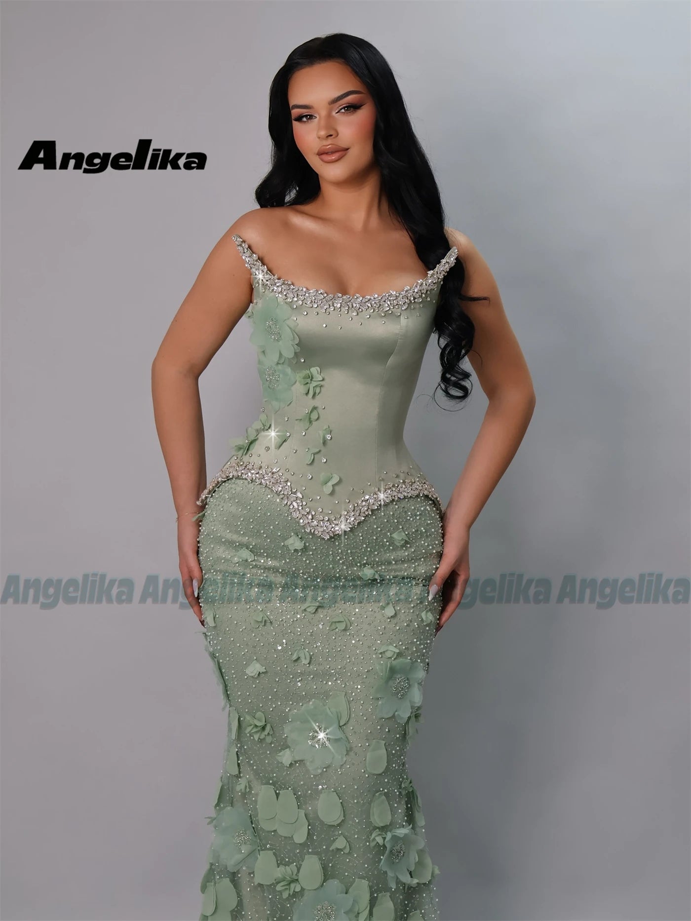Angelika Glamorous Mermaid Prom Dresses for Women 3D Flowers Crystals Pearls Lace up Pageant Gowns Vestido de Gala Customized