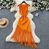 Sexy Backless Knit tassel High Waist Pleated Dress Casual A-line Dress Beach Vestidos Women Evening Party