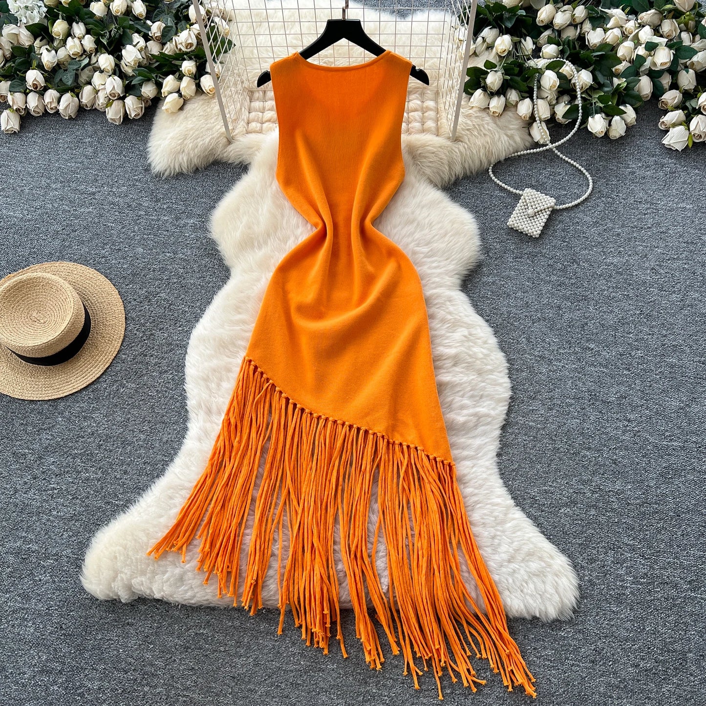 Sexy Backless Knit tassel High Waist Pleated Dress Casual A-line Dress Beach Vestidos Women Evening Party