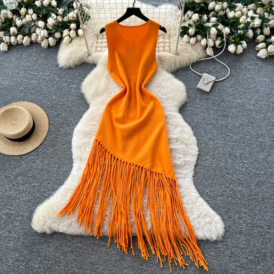 Sexy Backless Knit tassel High Waist Pleated Dress Casual A-line Dress Beach Vestidos Women Evening Party