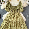 2024 Neues Sommer Blumenmuster Maxikleid Damen Vintage Eckiger Ausschnitt Geraffte Brust Schärpe Bandage Sommerkleid Partykleid
