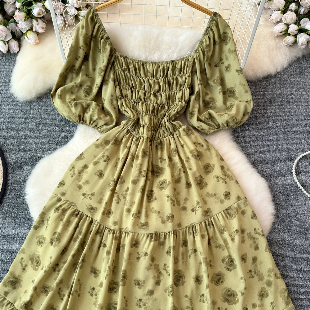 2024 Neues Sommer Blumenmuster Maxikleid Damen Vintage Eckiger Ausschnitt Geraffte Brust Schärpe Bandage Sommerkleid Partykleid