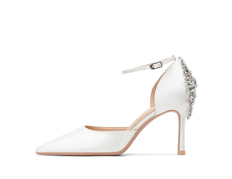 Baotou Hohle High Heels Damen Sandalen Spitz Dünne Ferse Ein-Wort-Schnalle Strass Hochzeitsschuhe Brautschuhe