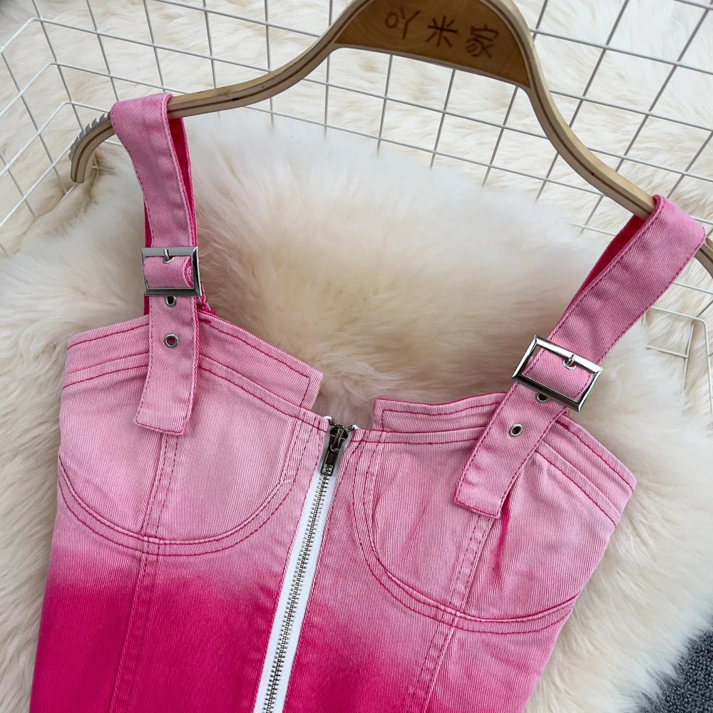 Pink Gradient Jeans Skirts Set Girl Fashion Denim Sleeveless Camisole Vest Top Two-piece Set Mini Bodycon Strap Skirt Summer