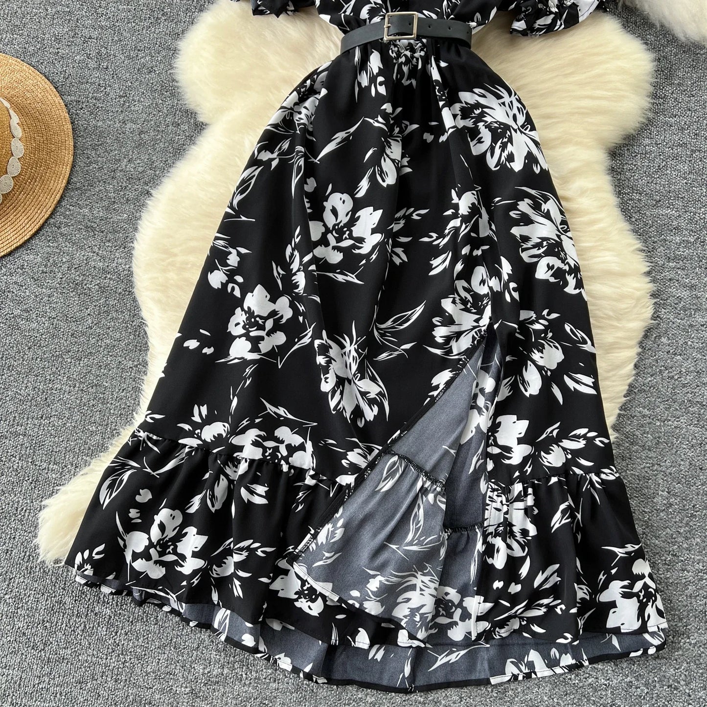 Sommer Plissiert Damen Knopfkleider Lässige Strandurlaub Kurzarm V-Ausschnitt Damen Midikleid Böhmische Mujer Vestidos