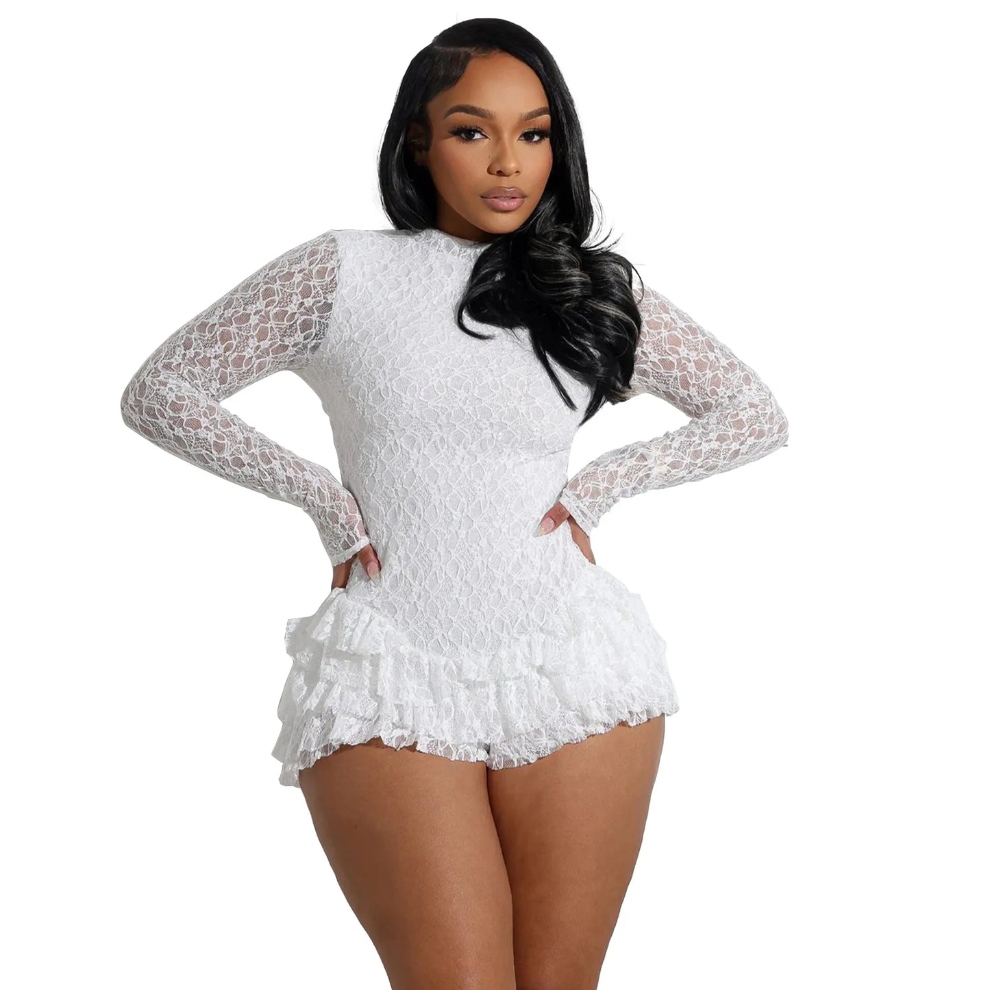 CM.YAYA Damen Langarm Spitze Rüschen geraffte hohe Taille kurzer Jumpsuit Streetwear Rückenfrei Einteiler Strampler Overall