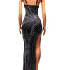 Beyprern Luxury Black Crystal Long Maxi Dress Gown Sparkle Mesh Patchwork High Slit Party Club Dress Birthday Outfits Night Wear