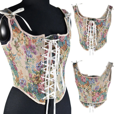 Vintage Lace-Up Floral Print Bustier Corset French Women Sexy Push Up Corset Top Party Clubwear Y2k Body Femme Tank Top Vest