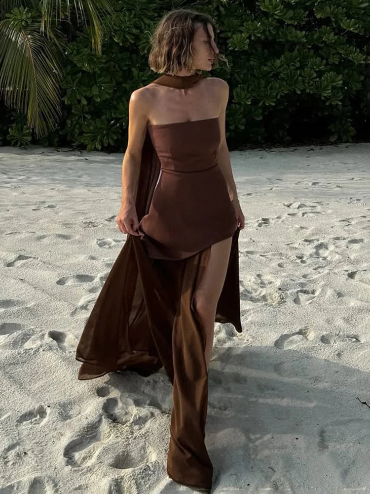 TARUXY Mode Trägerloses Kleid mit Band Frauen Elegantes Ärmelloses Mesh Strand Urlaub Langes Kleid Frühling 2025 Neues Damenkleid