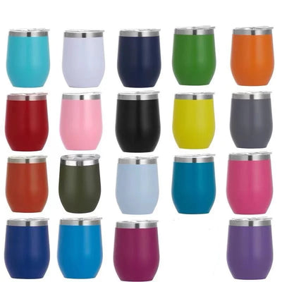 50 Stück individuell gestalteter 12oz doppelwandiger Edelstahl-Weintrinkbecher isolierter Vakuum-Ei-Form-Weintrinkbecher mit Schiebedeckel