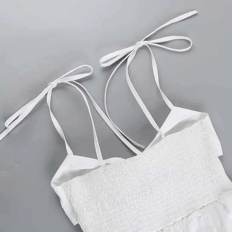Hollow Ruched  Dress Women Square Collar Lace-up Shoulder Strap Backless Sleeveless Ruffles Street Trend Mini Bodycon