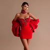 Luxury Red Sparkle Rhinestone Sheath Short Formal Party Dresses With Oversize Bow Cape Sexy Mini Women Birthday Dress
