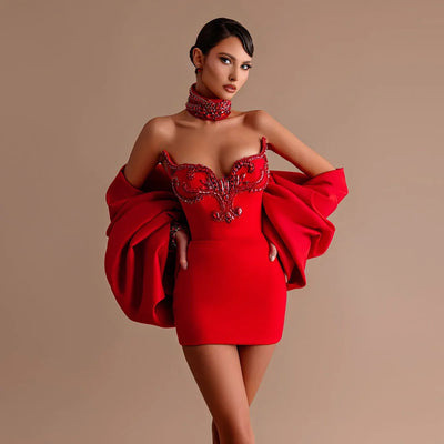 Luxury Red Sparkle Rhinestone Sheath Short Formal Party Dresses With Oversize Bow Cape Sexy Mini Women Birthday Dress