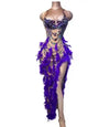 Nightclub Party Celebration Sexy Feather Rhinestone Dress Women Elastic Sleeveless Prom High Slit Dress Stage Performance Outfit
