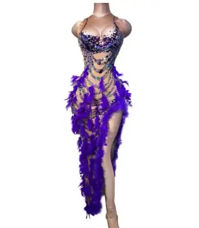 Nightclub Party Celebration Sexy Feather Rhinestone Dress Women Elastic Sleeveless Prom High Slit Dress Stage Performance Outfit