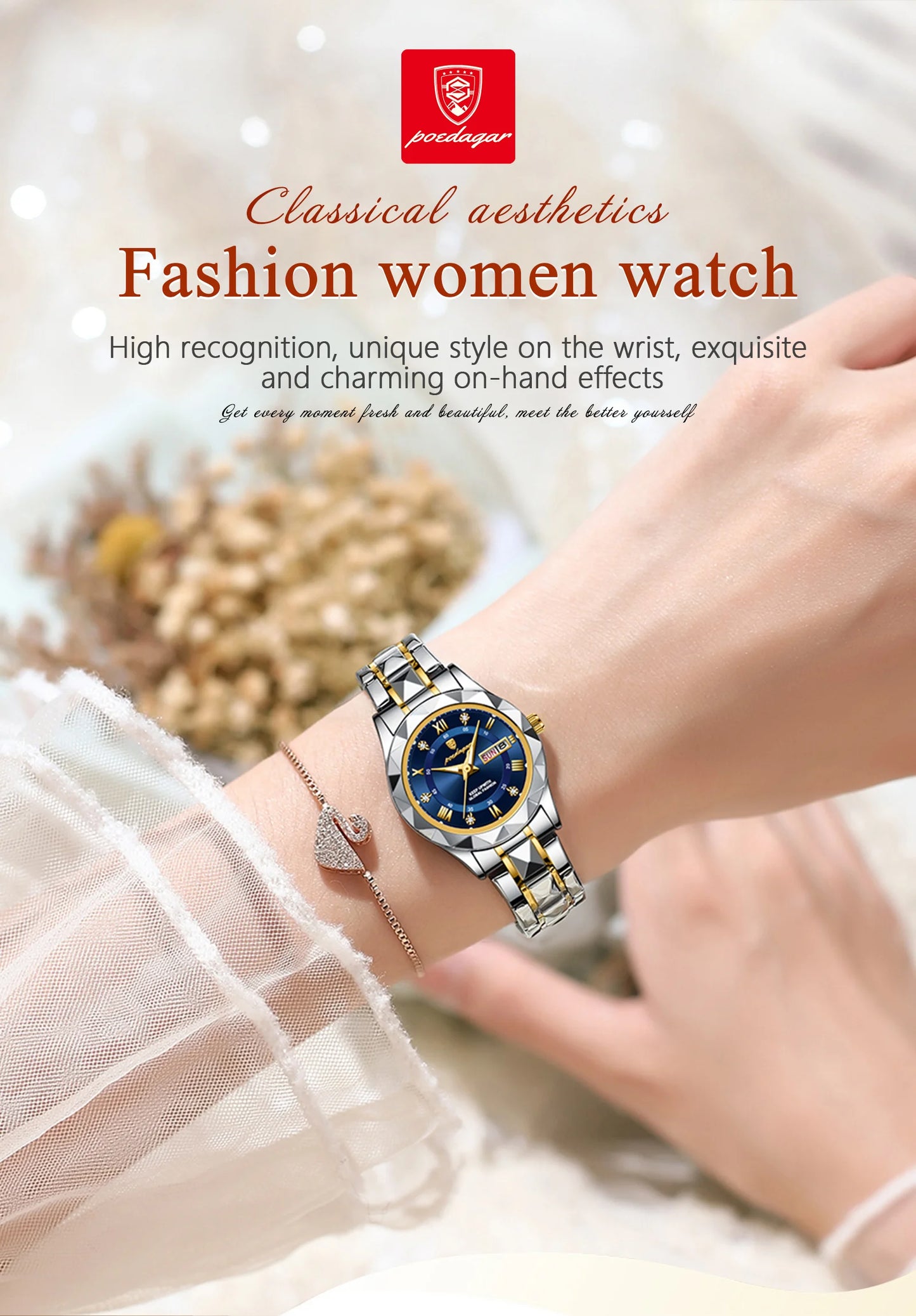 POEDAGAR Luxuriöse Damen-Kleideruhr, leuchtend, wasserdicht, Wochen- und Datumsanzeige, Damenarmbanduhr, Edelstahl-Damenquarzuhr reloj+box