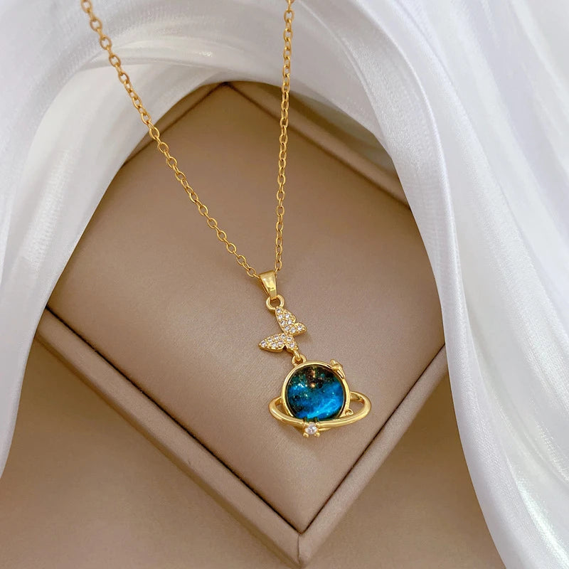 Stainless Steel Zircon Planet Star Pendant Necklace For Women Elegant Aesthetic Clavicle Chain Necklace Jewelry Party Gift