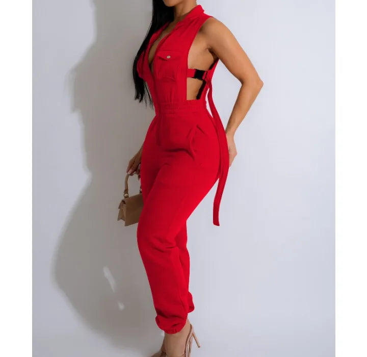 Jumpsuits für Damen 2024 Sommer Sexy Spicy Girl Seitenknopf Reißverschluss Ärmellos 4 Taschen Jumpsuit Streetwear Fashion Overalls