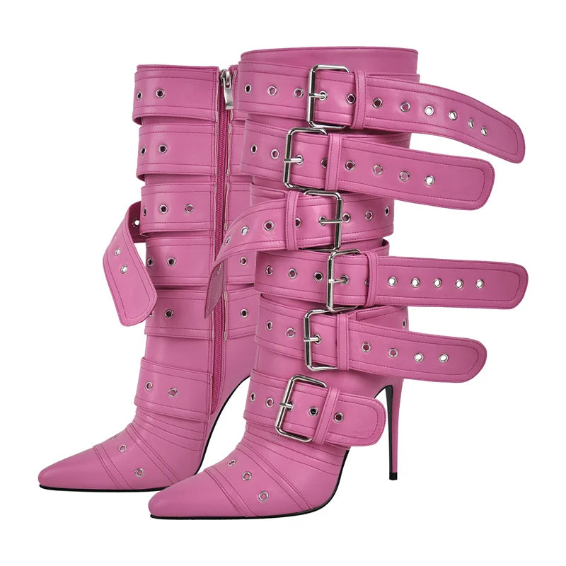 Onlymaker Women Pointed Toe Mid-Calf Boots Buckle Strap Thin High Heel Lady Zipper Female  Stiletto Boots