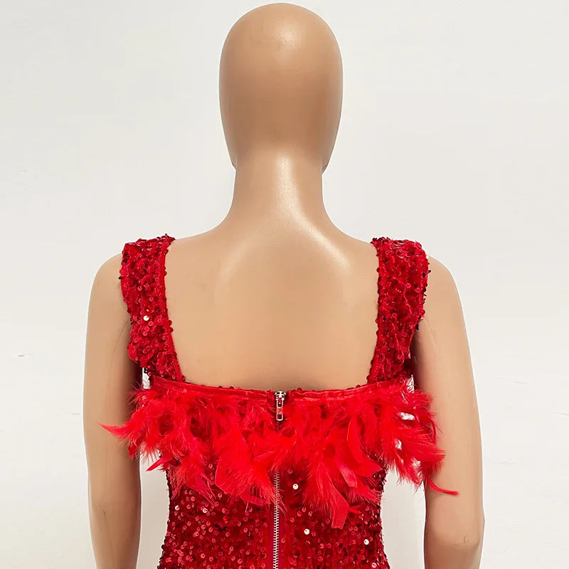 Damen Partykleid Ärmellos Glänzende Pailletten Feder Abendkleid Sexy schulterfrei rückenfrei Mini Formelle Ballkleider HXY8