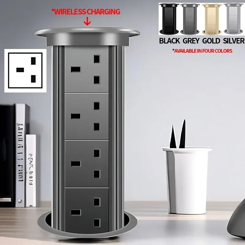 Motorized Lifting Pop Up Tower Power Outlet Hidden Mounted Kitchen Worktop USB Type C Socket with Speaker Wireless Charging