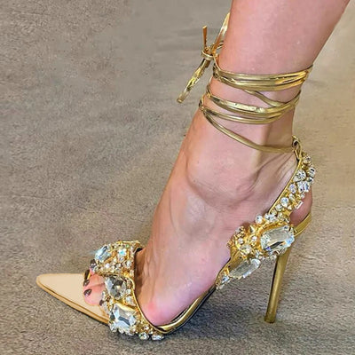 Liyke Sexy Knöchelriemen Vergoldete Sandalen Damen Party Nachtclub Stripper Heels Hohe Qualität Kristall Diamant Spitz Zehe Hochzeitsschuh