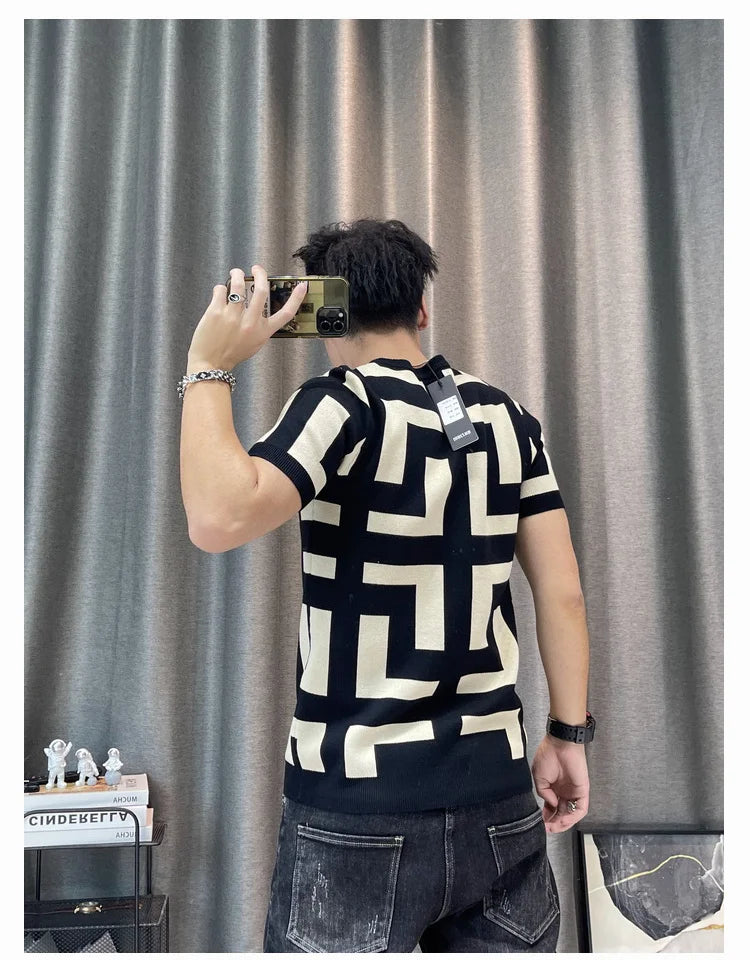 Luxury Men Autumn Knitted Tshirt 2024 Korean O-neck Short Sleeve Top Tees Streetwear Male Social Club Slim Fit Casual T-Shirt