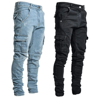 Street Elastic Jeans Herren Denim Cargo Hose Waschung Unifarbe Multi Taschen Casual Mid Waist Hose Slim Fit Daily Wear Joggers