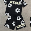 Fashion Men's Black and White Flower Graphic Print T-shirt Shorts 2-piece Set O-neck Short Sleeve Top Elastic Waist Shorts Set
