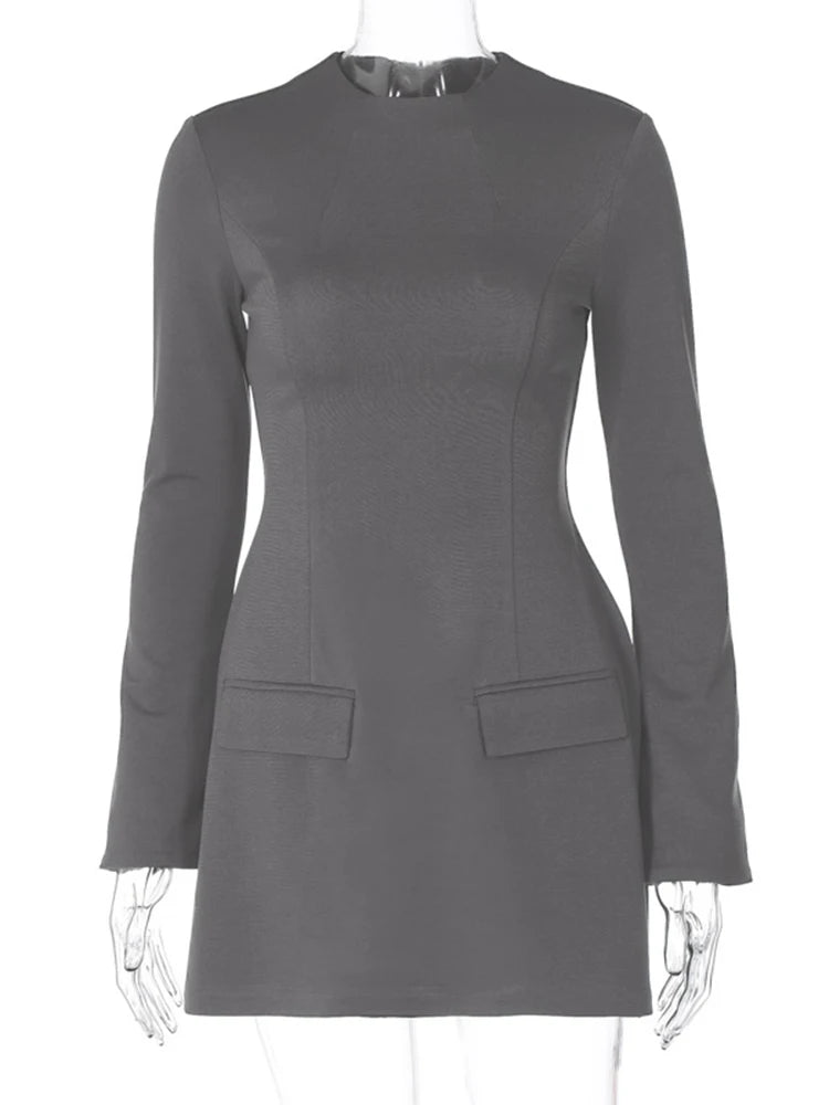 Hugcitar 2024 Frühling O-Ausschnitt Langarm Uni Patchwork Reißverschluss Sexy Bodycon Minikleid Damen Mode Outfits Geburtstagsparty Y2K
