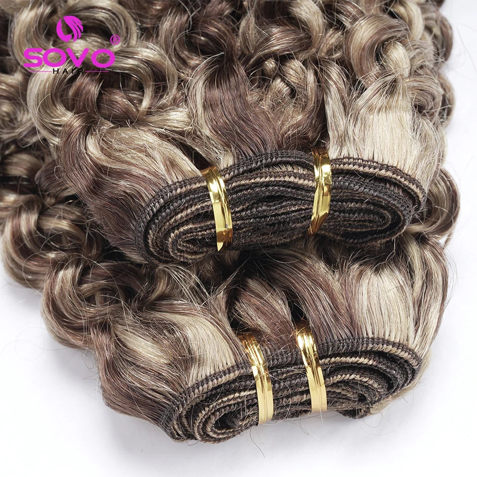 SOVO Honey Blonde Water Wave Human Hair Extensions 100 G Highlight P6/613 Natural Wet and Wavy Peruvian Curly Hair Weave Bundles