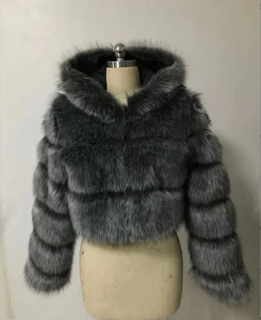 Women Warm Faux Fur Coat Winter Vintage Gradient Jacket Furry Outerwear Jackets Hooded Coats Plus Size Autumn Winter Streetwear
