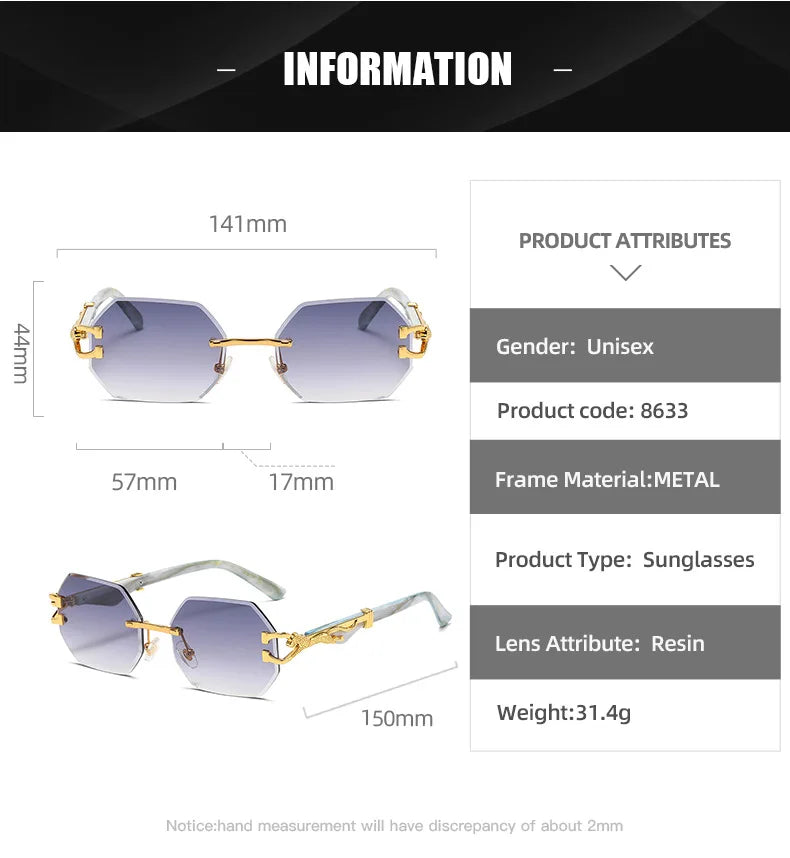 Small Frame Hexagon Rimless Sunglasses Men Retro Frameless Sun Glasses for Women 2024 Luxury Brand Square Eyewear UV400 Shades